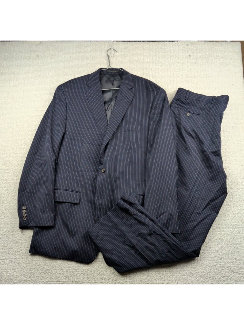 Lauren Ralph Lauren 2 Piece Suit Mens 44L Dark Blue Striped Wool Two Buttons